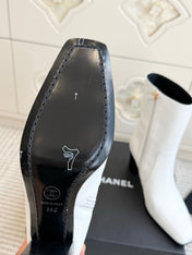 CHANEL 26S HIGH HEEL ANKLE BOOTS 70 MM IN WHITE CALFSKIN SQUARE TOE