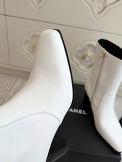 CHANEL 26S HIGH HEEL ANKLE BOOTS 70 MM IN WHITE CALFSKIN SQUARE TOE