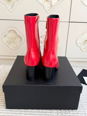 CHANEL 26S HIGH HEEL ANKLE BOOTS 70 MM IN RED CALFSKIN SQUARE TOE