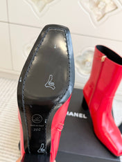 CHANEL 26S HIGH HEEL ANKLE BOOTS 70 MM IN RED CALFSKIN SQUARE TOE