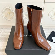 CHANEL 26S HIGH HEEL ANKLE BOOTS 70 MM IN BROWN CALFSKIN SQUARE TOE