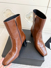CHANEL 26S HIGH HEEL ANKLE BOOTS 70 MM IN BROWN CALFSKIN SQUARE TOE