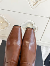 CHANEL 26S HIGH HEEL ANKLE BOOTS 70 MM IN BROWN CALFSKIN SQUARE TOE
