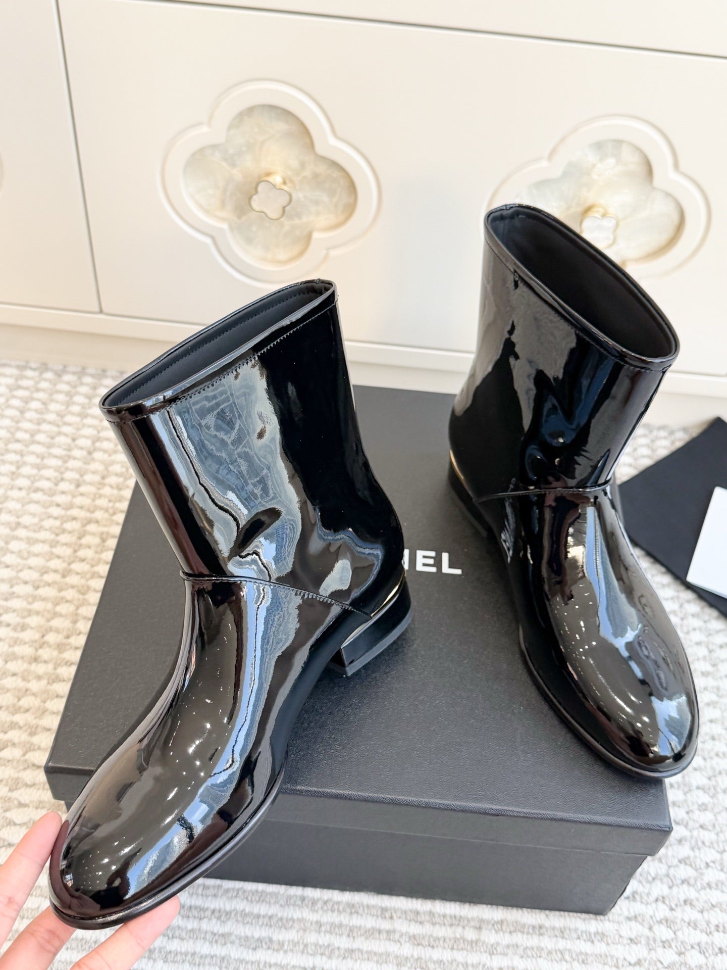 CHANEL 26S SHORT BOOTS IN BLACK PATENT LEATHER