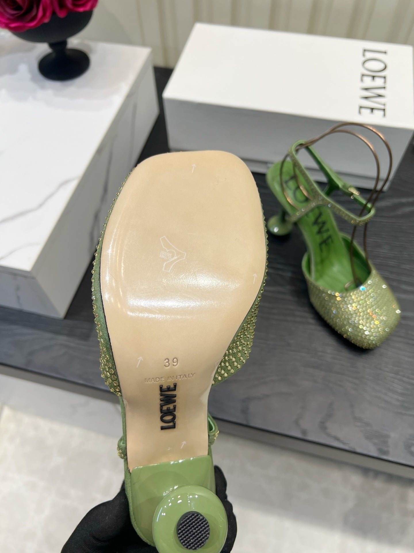 LOEWE 26S EMBELLISHED HIGH HEELS 60 MM IN GREEN CALFSKIN