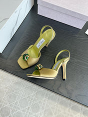 JIMMY CHOO 26S HIGH-HEEL SANDALS 100 MM IN OLIVE GREEN SATIN AND CALFSKIN