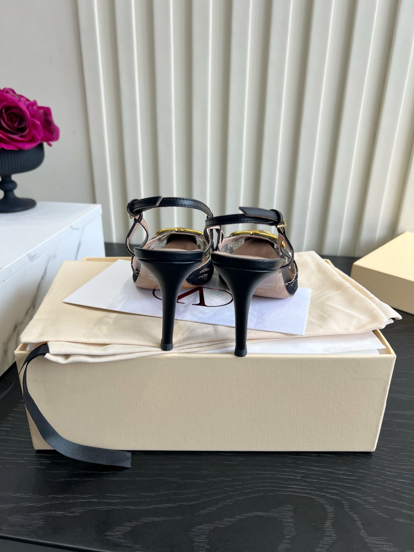VALENTINO 26S SLINGBACKS 75 MM IN BLACK FABRIC LACE