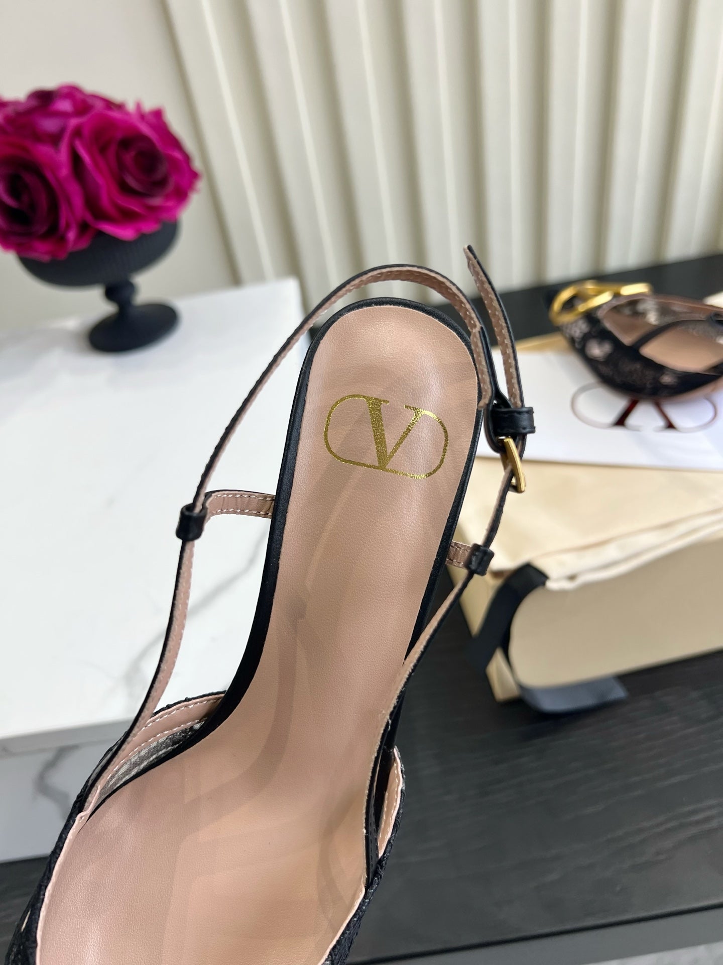 VALENTINO 26S SLINGBACKS 75 MM IN BLACK FABRIC LACE