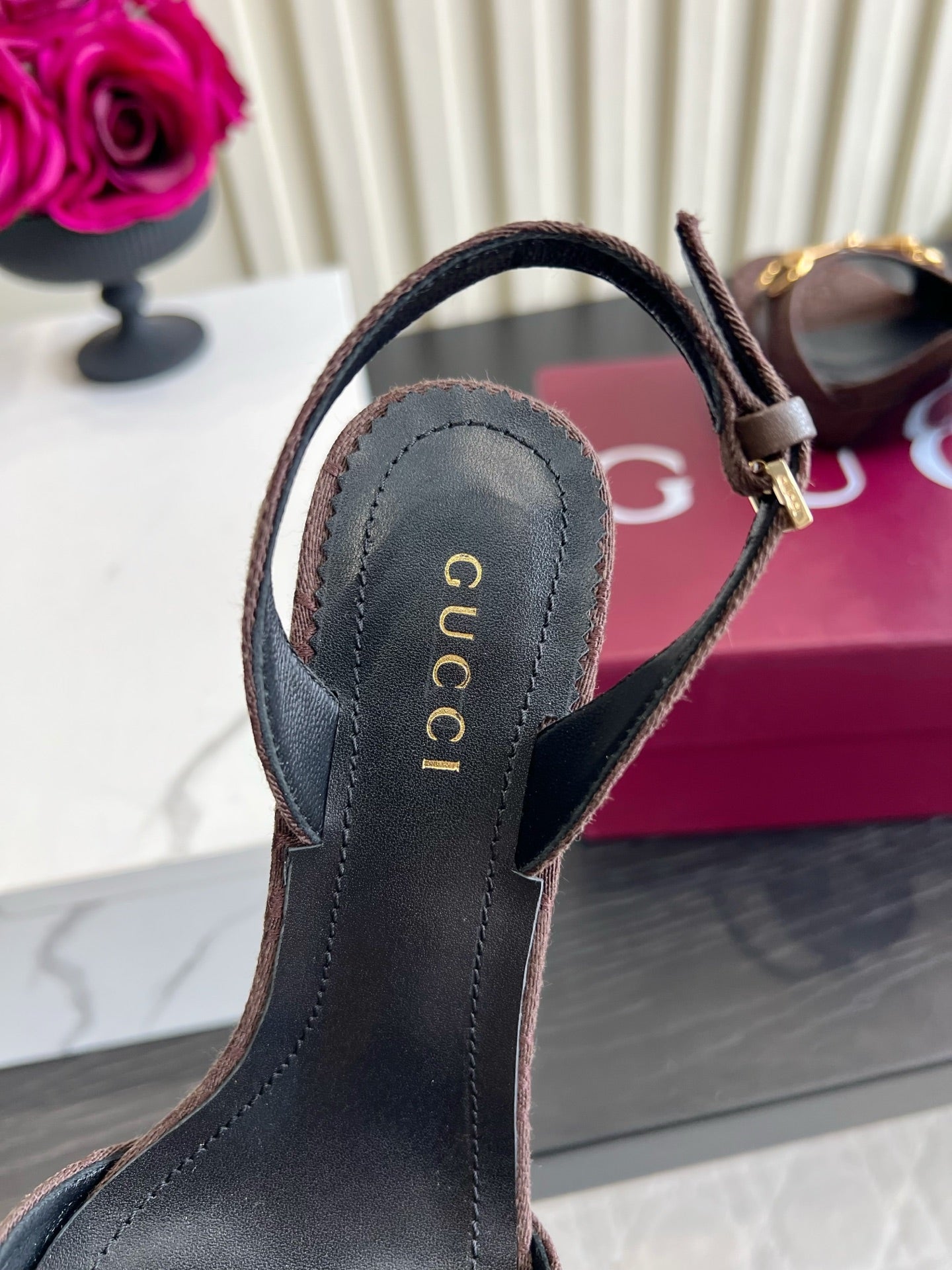 GUCCI 26S HORSEBIT GG SANDALS 105 MM IN DARK BROWN CANVAS
