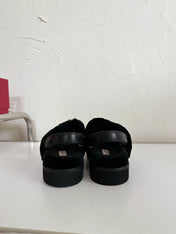 SLIDY VIV' WINTER FUR STRASS BUCKLE SANDALS IN BLACK SHEARLING