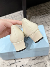 PRADA 25S SQUARE TOE HIGH HEELS IN IVORY GLOSSY CALFSKIN