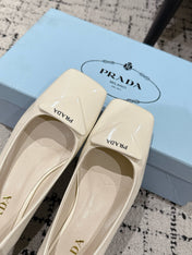 PRADA 25S SQUARE TOE HIGH HEELS IN IVORY GLOSSY CALFSKIN