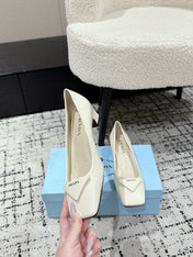 PRADA 25S SQUARE TOE HIGH HEELS IN IVORY GLOSSY CALFSKIN