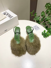 LOEWE 26S OPEN-BACK HIGH HEELS 60MM IN GREEN CALFSKIN WITH FUR