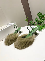 LOEWE 26S OPEN-BACK HIGH HEELS 60MM IN GREEN CALFSKIN WITH FUR