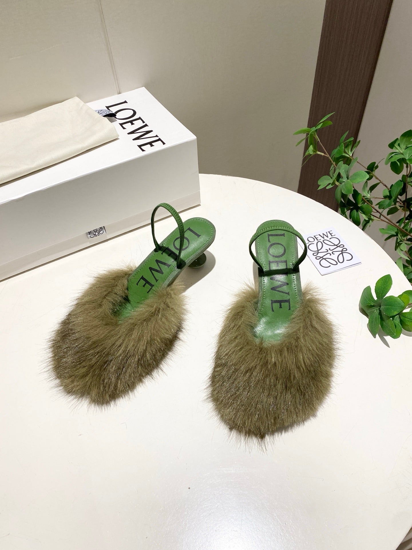 LOEWE 26S OPEN-BACK HIGH HEELS 60MM IN GREEN CALFSKIN WITH FUR