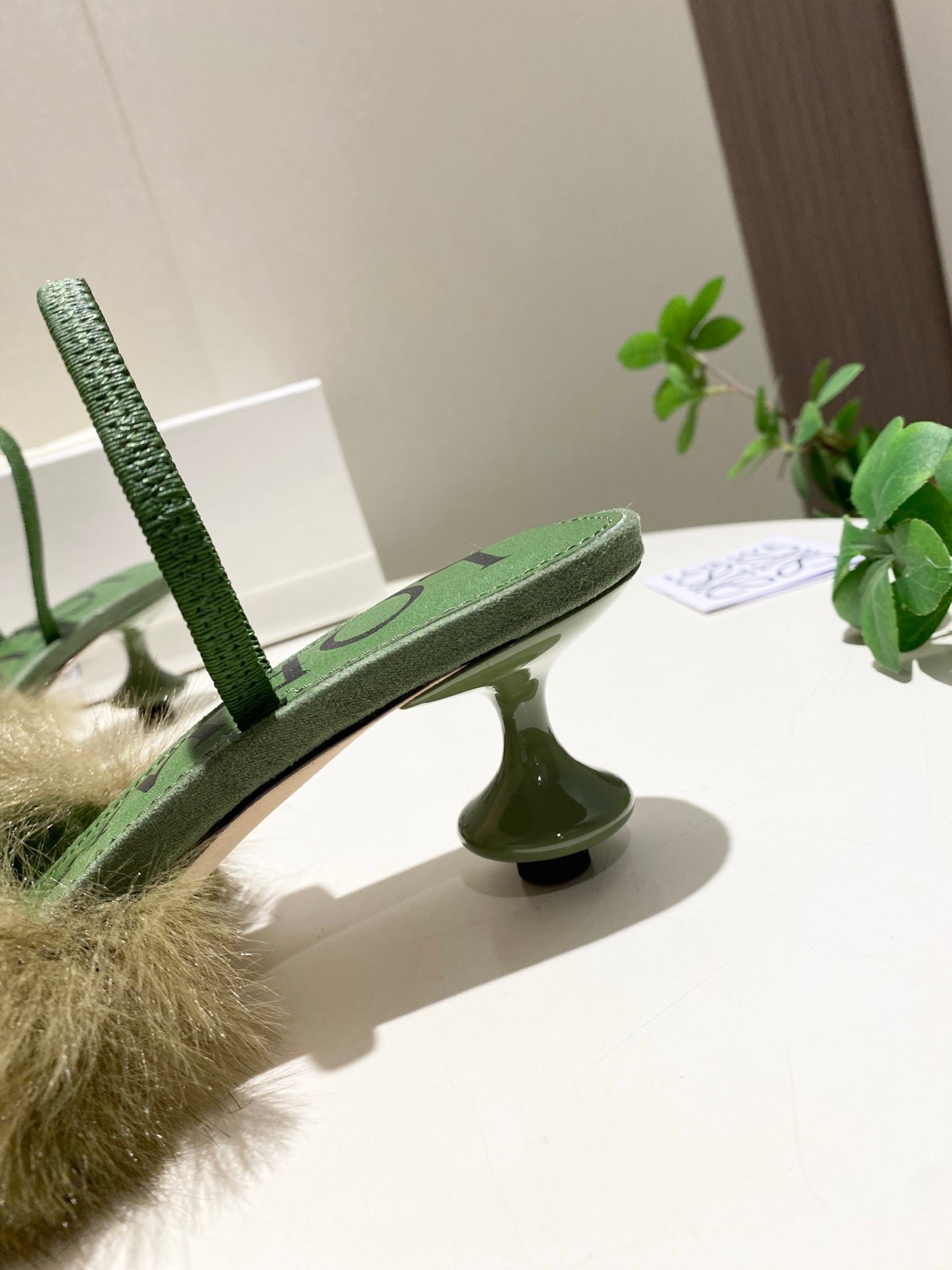 LOEWE 26S OPEN-BACK HIGH HEELS 60MM IN GREEN CALFSKIN WITH FUR
