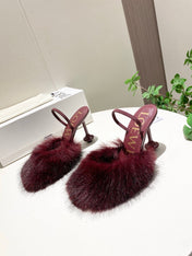 LOEWE 26S OPEN-BACK HIGH HEELS 100MM IN WINE RED CALFSKIN WITH FUR