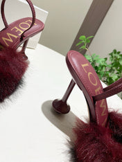 LOEWE 26S OPEN-BACK HIGH HEELS 100MM IN WINE RED CALFSKIN WITH FUR