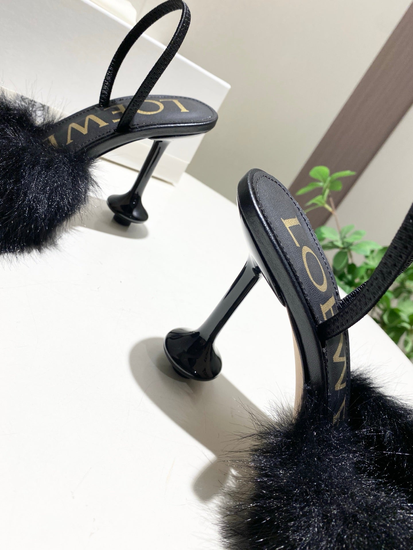 LOEWE 26S OPEN-BACK HIGH HEELS 100MM IN BLACK CALFSKIN WITH FUR