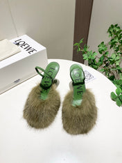 LOEWE 26S OPEN-BACK HIGH HEELS 100MM IN GREEN CALFSKIN WITH FUR