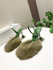 LOEWE 26S OPEN-BACK HIGH HEELS 100MM IN GREEN CALFSKIN WITH FUR