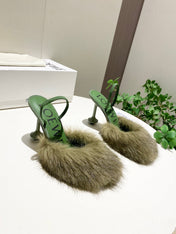 LOEWE 26S OPEN-BACK HIGH HEELS 100MM IN GREEN CALFSKIN WITH FUR