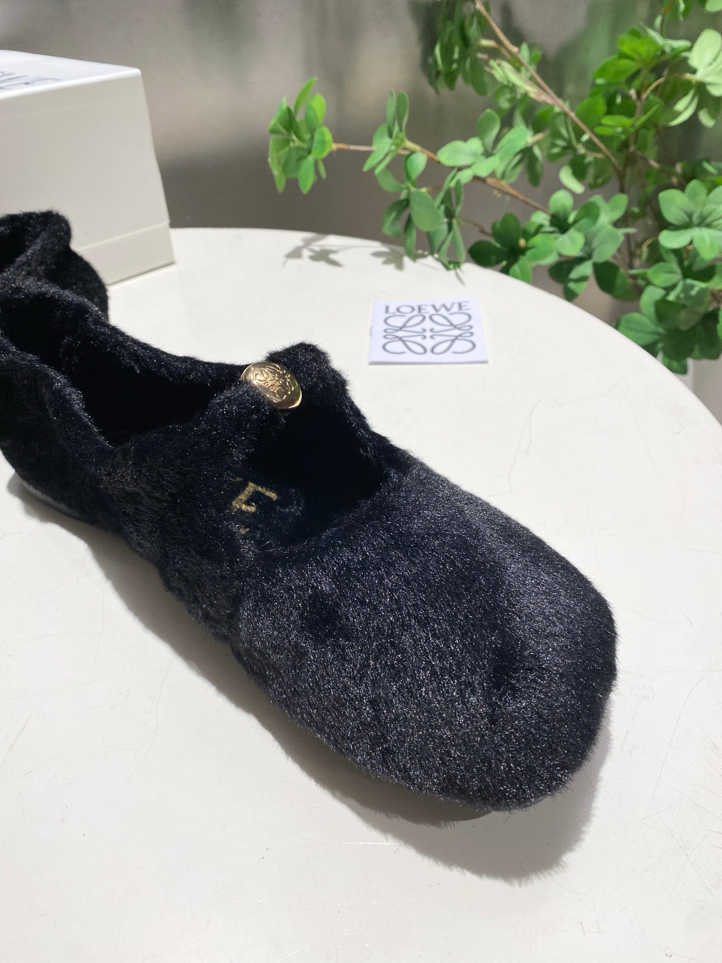LOEWE 26S BALLET FLATS IN BLACK SHEARLING