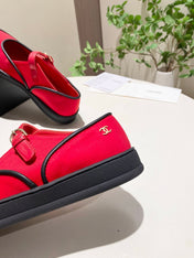 CHANEL 26S MARY JANE FLAT IN BLACK MIX RED FABRIC AND LAMBSKIN