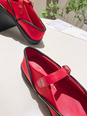 CHANEL 26S MARY JANE FLAT IN BLACK MIX RED FABRIC AND LAMBSKIN