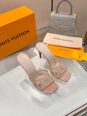 LV 26S MULE HEELS 90 MM IN BEIGE FABRIC AND LAMBSKIN