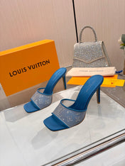 LV 26S MULE HEELS 90 MM IN OCEAN BLUE FABRIC AND LAMBSKIN