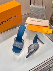 LV 26S MULE HEELS 90 MM IN OCEAN BLUE FABRIC AND LAMBSKIN