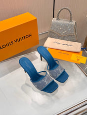 LV 26S MULE HEELS 90 MM IN OCEAN BLUE FABRIC AND LAMBSKIN