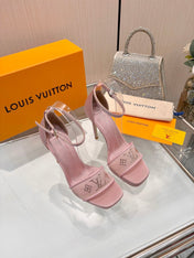 LV 26S HIGH HEEL SANDALS 110 MM IN LIGHT PINK FABRIC AND LAMBSKIN