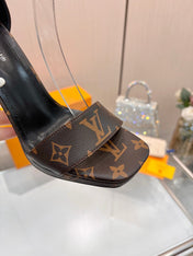 LV 26S HIGH HEEL SANDALS 110 MM IN DARK BROWN MONOGRAM CANVAS