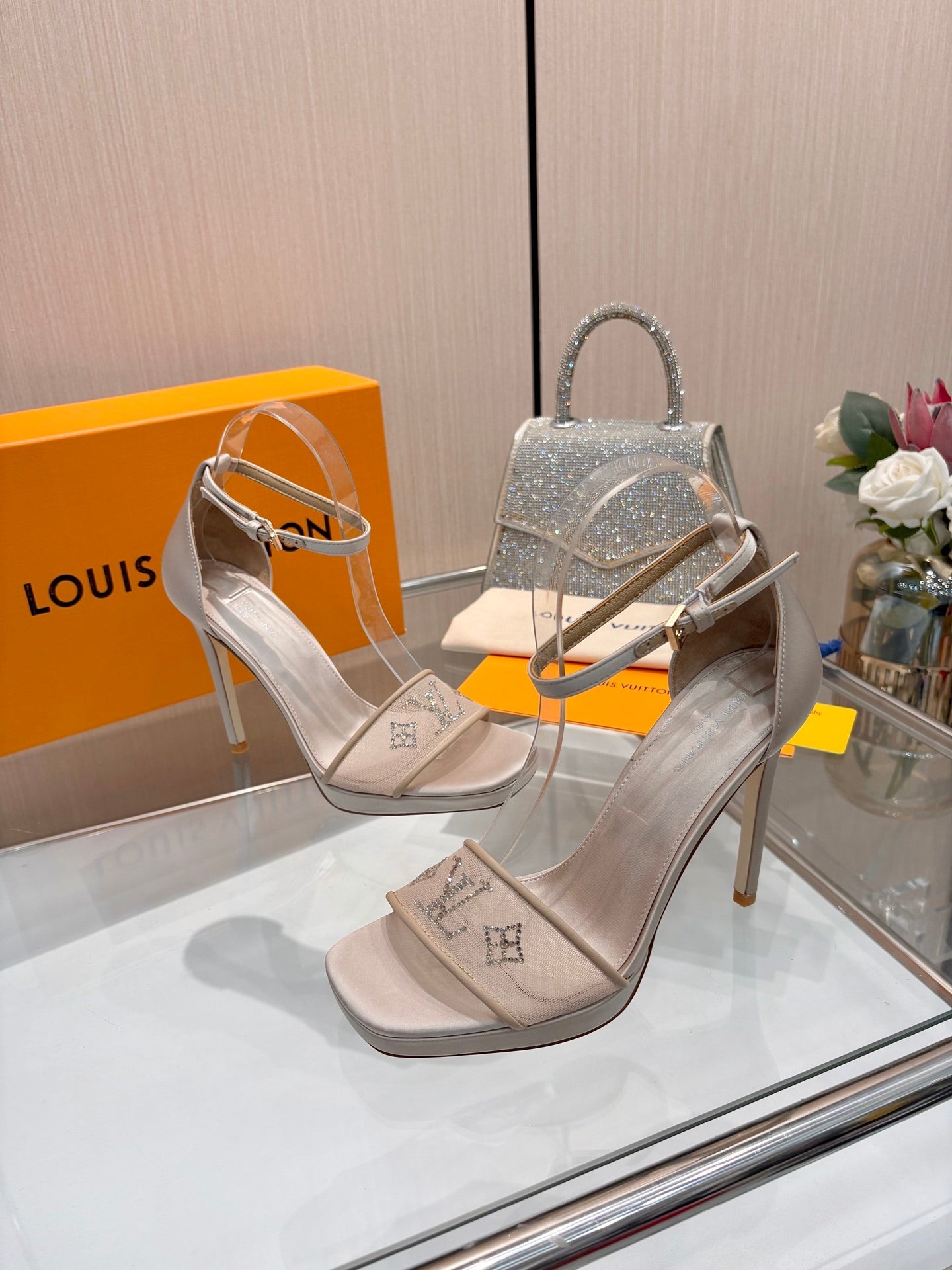 LV 26S HIGH HEEL SANDALS 110 MM IN BEIGE FABRIC AND LAMBSKIN