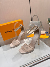 LV 26S HIGH HEEL SANDALS 110 MM IN BEIGE FABRIC AND LAMBSKIN