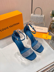 LV 26S HIGH HEEL SANDALS 110 MM IN OCEAN BLUE FABRIC AND LAMBSKIN