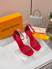 LV 26S HIGH HEEL SANDALS 110 MM IN RED FABRIC AND LAMBSKIN