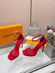 LV 26S HIGH HEEL SANDALS 110 MM IN RED FABRIC AND LAMBSKIN