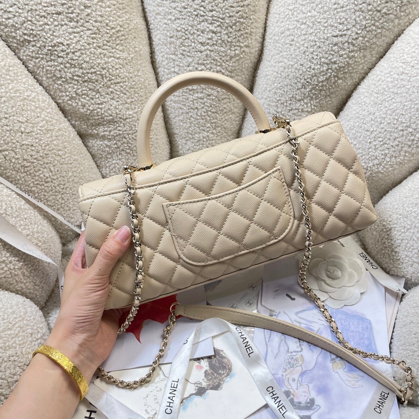CHANEL 26S COCO HANDLE BAG 32 IN BEIGE CAVIAR CALFSKIN