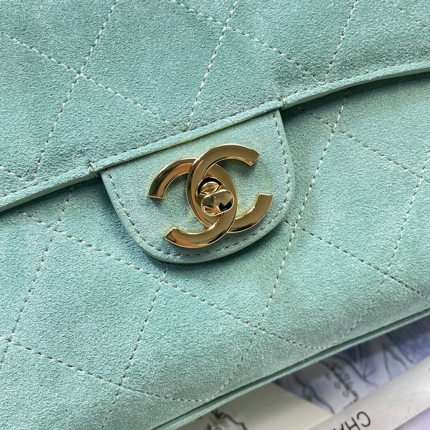 CHANEL 26S CLASSIC FLAP 33 IN MINT GREEN SUEDE