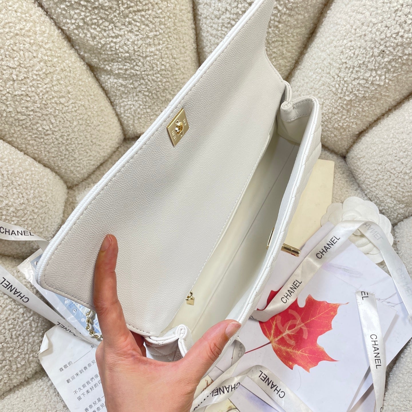 CHANEL 26S COCO HANDLE BAG 32 IN WHITE CAVIAR CALFSKIN GOLD HARDWARE