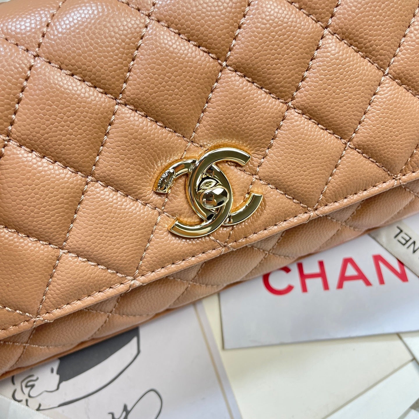 CHANEL 26S COCO HANDLE BAG 32 IN DARK BEIGE CAVIAR CALFSKIN GOLD HARDWARE