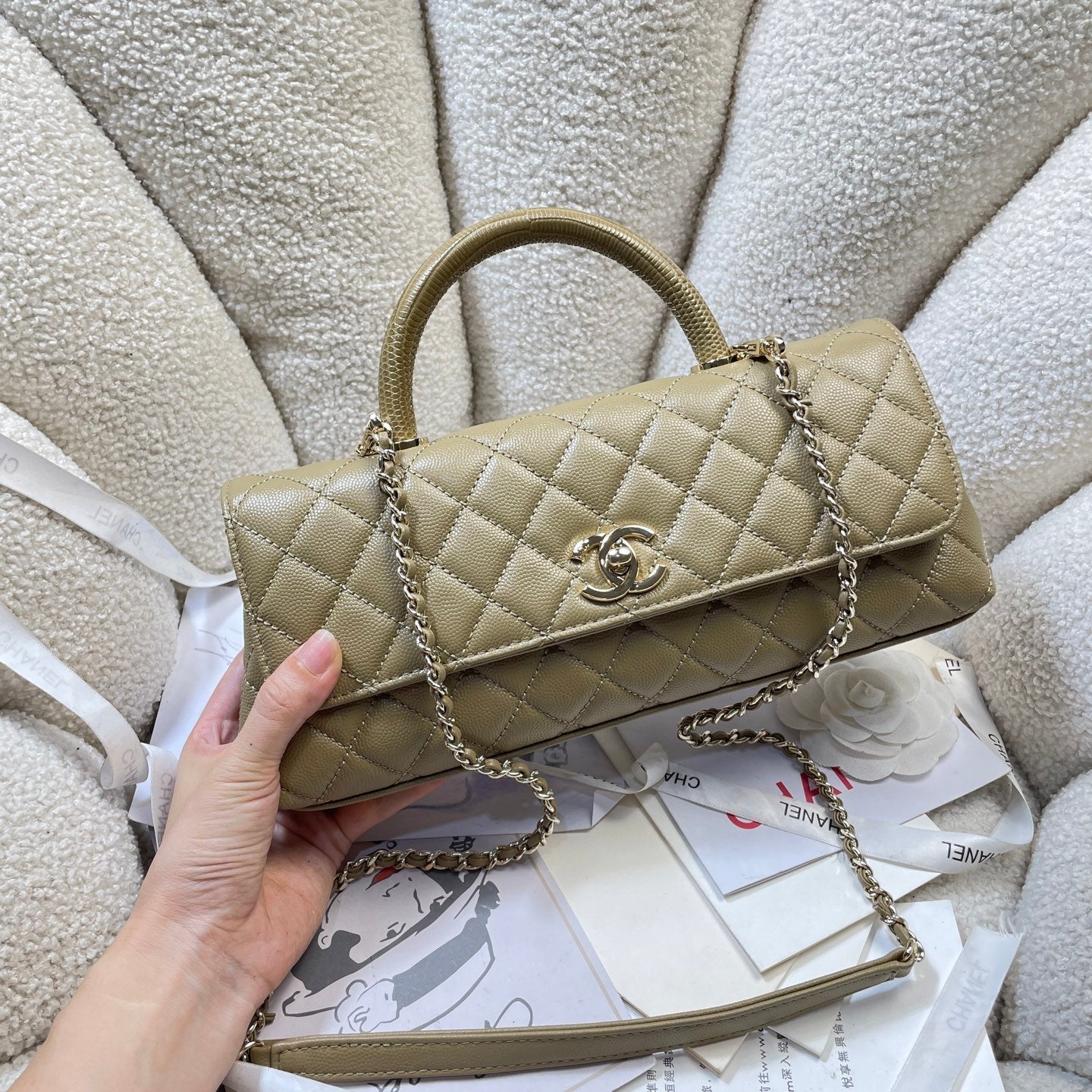 CHANEL 26S COCO HANDLE BAG 32 IN OLIVE BROWN CAVIAR CALFSKIN GOLD HARDWARE