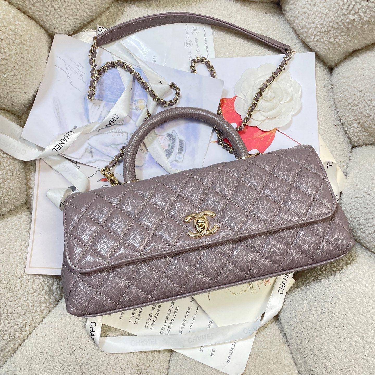 CHANEL 26S COCO HANDLE BAG 32 IN LIGHT PURPLE CAVIAR CALFSKIN GOLD HARDWARE