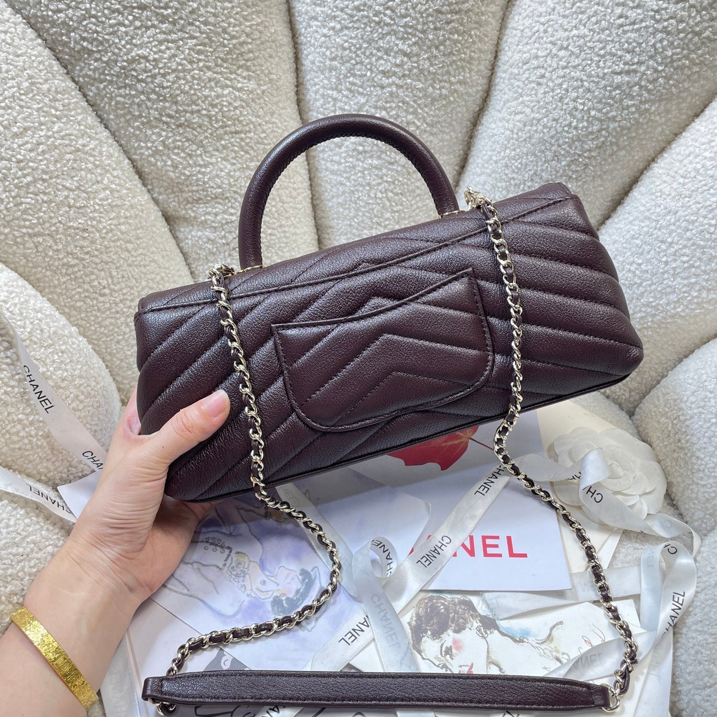 CHANEL 26S COCO HANDLE BAG 32 IN BURGUNDY RED GRAINED CALFSKIN GOLD HARDWARE
