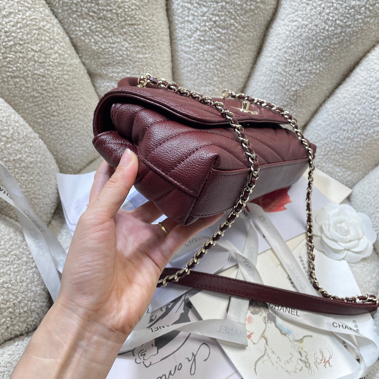 CHANEL 26S COCO HANDLE BAG 32 IN DARK RED GRAINED CALFSKIN GOLD HARDWARE