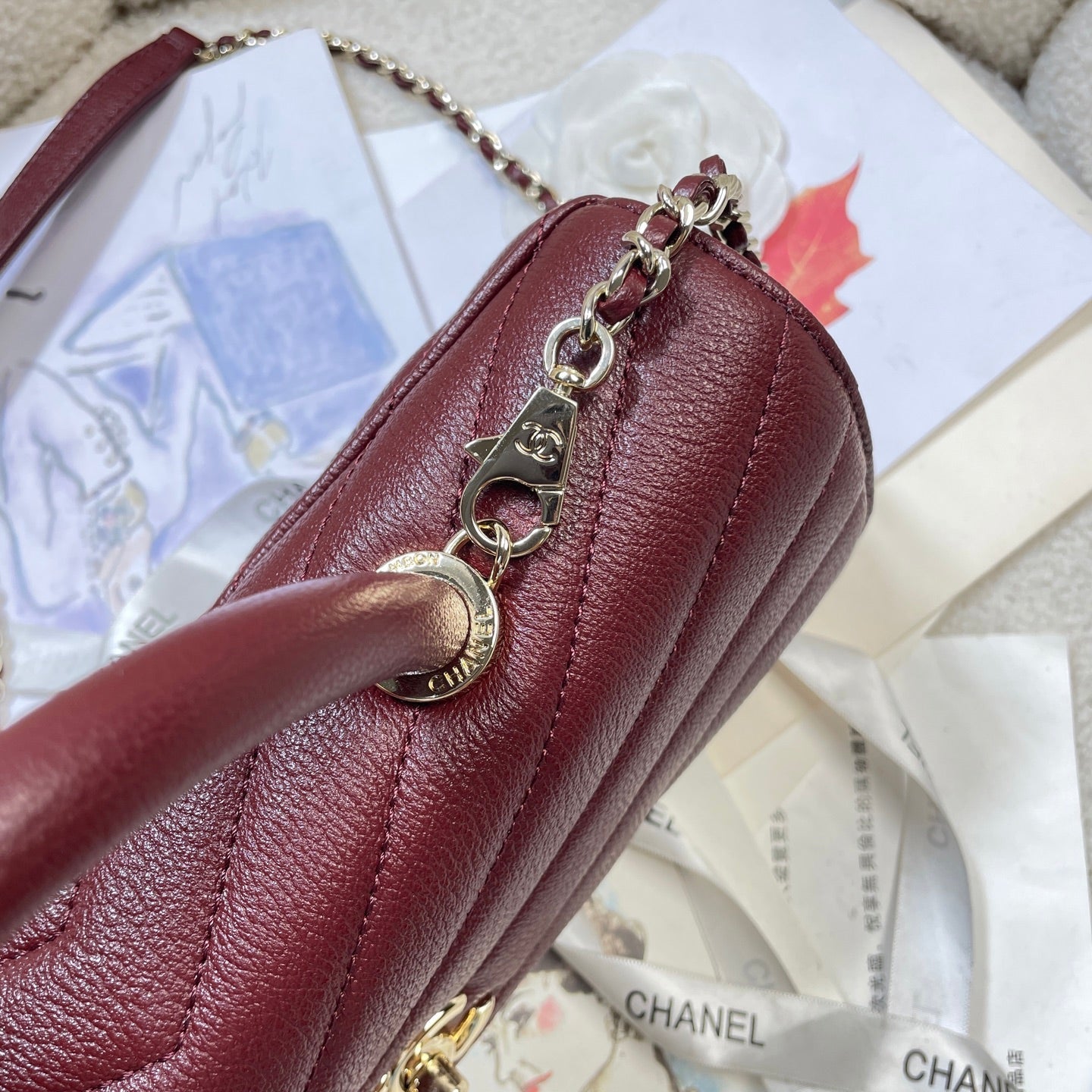 CHANEL 26S COCO HANDLE BAG 32 IN DARK RED GRAINED CALFSKIN GOLD HARDWARE